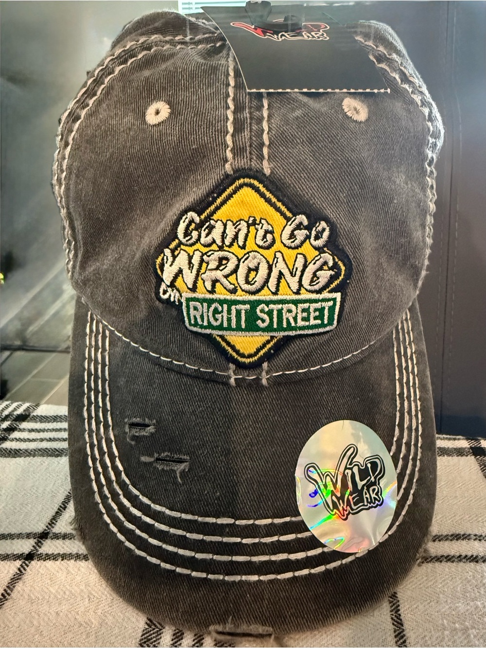 Wild Wear Men’s Distressed Black Cap - 'Can't Go Wrong' Right Street Patch